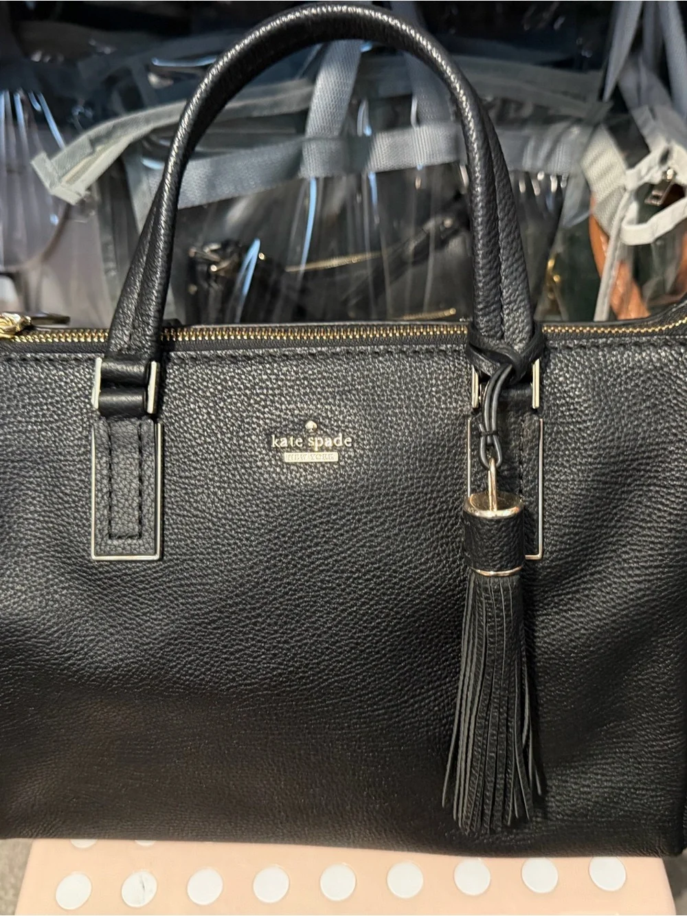 kate spade Black Pebbled Leather Satchel with Tassel